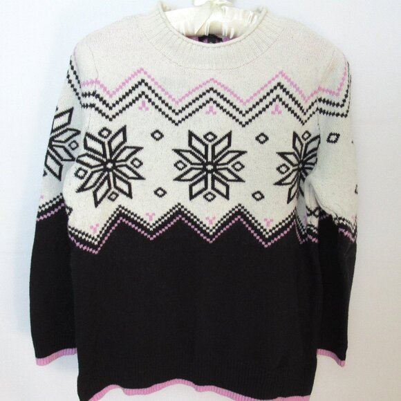 Talbots black white pink snowflake mock neck long sleeve sweater *Sz MP* - Picture 1 of 4